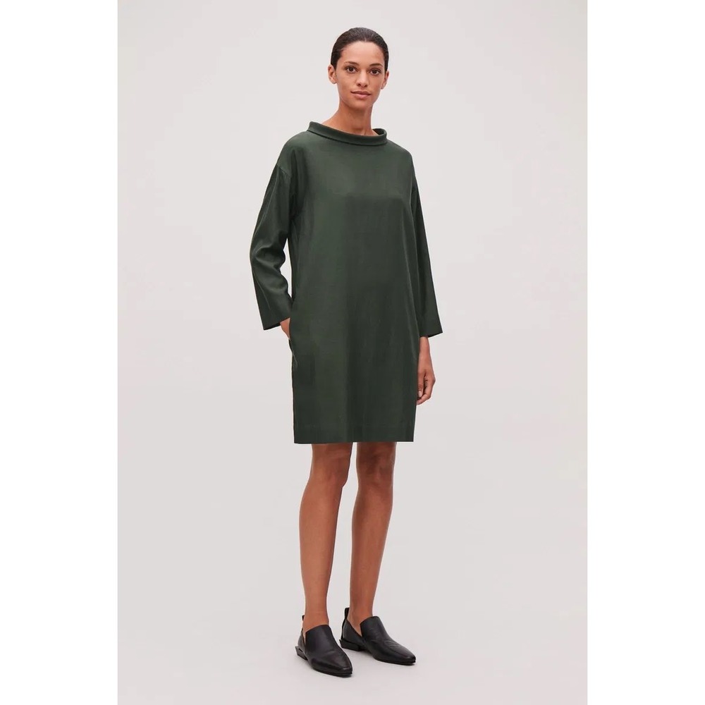 COS‎ Long-Sleeved Folded Collar Dress Mini Dark Olive Green Size 2 Pockets